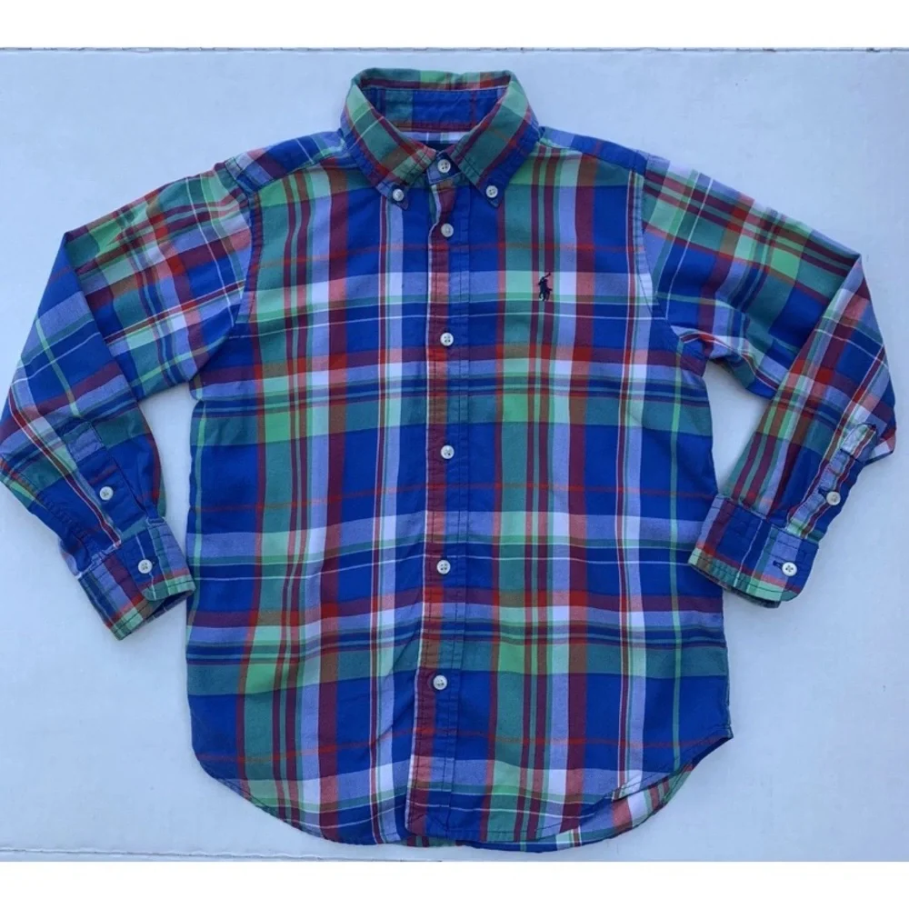 Ralph Lauren Boys Sz 5 Blue Multicolor Checked Button Down Long Sleeve Shirt